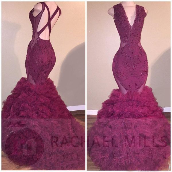 2020 elegant purple mermaid prom dresses illusion v neck tiered ruffle lace appliques beaded criss cross backl evening party celebrity gowns, Black
2020 elegant purple mermaid prom dresses illusion v neck tiered ruffle lace appliques beaded criss cross backl evening party celebrity gowns, Black