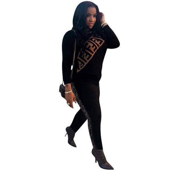 Осень из двух частей набор женщин письма печатных толстовка + брюки костюм костюм