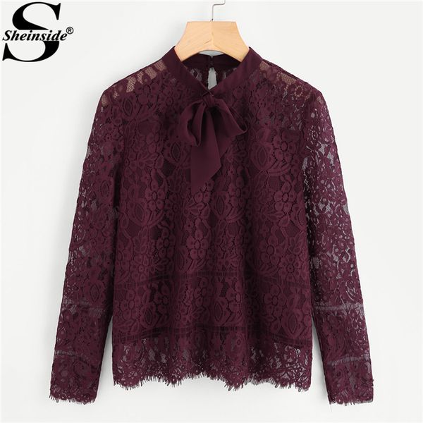 sheinside 2017 long sleeve blouse burgundy stand collar tie neck bow eyelash lace plain women elegant blouse, White
sheinside 2017 long sleeve blouse burgundy stand collar tie neck bow eyelash lace plain women elegant blouse, White