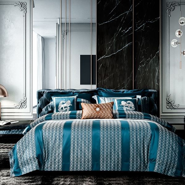 bedding sets blue stripe jacquard set /king size bed 4/10pcs duvet cover