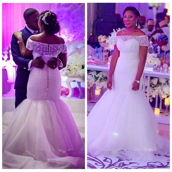 2019 sheer bateau short sleeves beaded mermaid wedding dresses tulle sweep train log bridal gowns custom lace up back vestidos de marriage, White
2019 sheer bateau short sleeves beaded mermaid wedding dresses tulle sweep train log bridal gowns custom lace up back vestidos de marriage, White