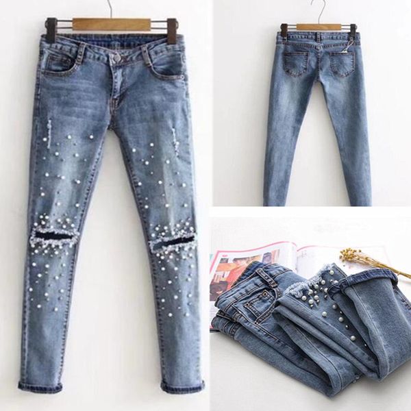 new knee hole ripped women jeans stretch denim pencil pants casual slim fit rivet pearl jeans summer long trousers low waist cowboy, Blue
new knee hole ripped women jeans stretch denim pencil pants casual slim fit rivet pearl jeans summer long trousers low waist cowboy, Blue