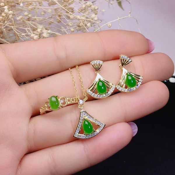 elegant fan natural green jasper gem 925 sterling silver ring earrings pendant natural gemstone jewelry set girl birthday gift, Black
elegant fan natural green jasper gem 925 sterling silver ring earrings pendant natural gemstone jewelry set girl birthday gift, Black