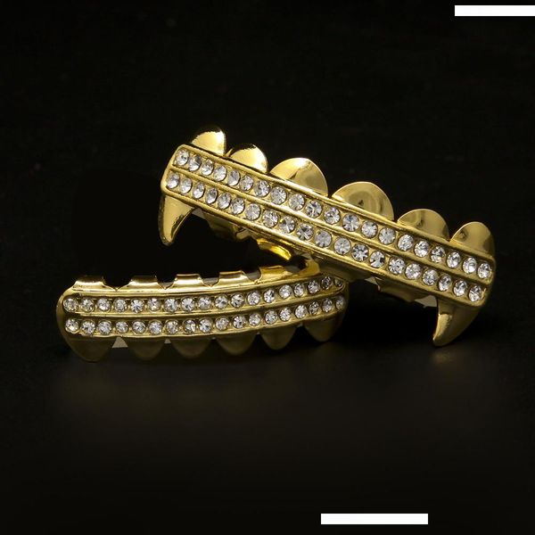 gold plated fang two row iced out cz teeth grills upper & bottom teeth grills set vampire hip hop mouth grills, Black 
gold plated fang two row iced out cz teeth grills upper & bottom teeth grills set vampire hip hop mouth grills, Black