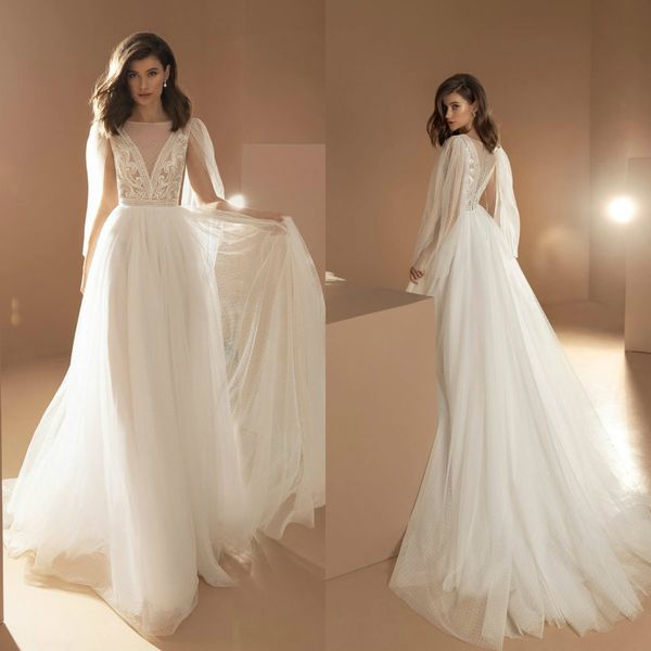 2020 boho a-line wedding dresses jewel long sleeves lace appliqued dot wedding gown custom made sweep train beach dress robes de mariée, White
2020 boho a-line wedding dresses jewel long sleeves lace appliqued dot wedding gown custom made sweep train beach dress robes de mariée, White