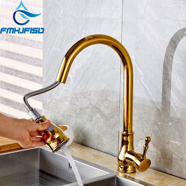 

golden polished 360 rotate kithchen faucets pull out stream sprayer hand kitchen sink cold water tap single lever mixer tap
