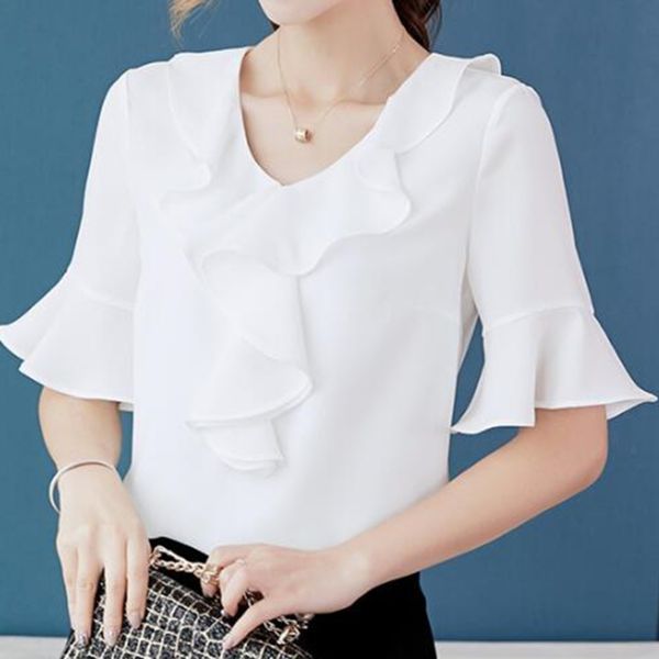 summer office shirt fashion short sleeve ruffles chiffon blouse v-neck solid women casual clothing, White
summer office shirt fashion short sleeve ruffles chiffon blouse v-neck solid women casual clothing, White