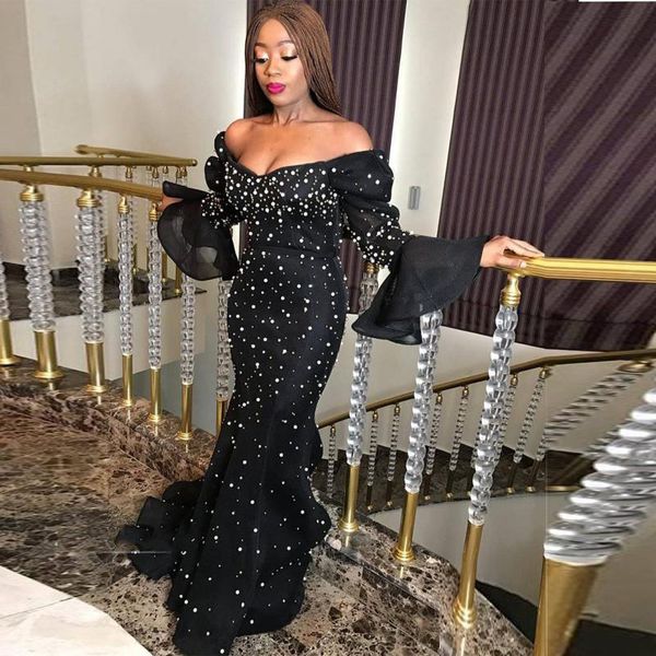 black off the shoulder poet sleeve prom dresses crystal beaded organza africa dress sweep train evening gowns, Black;red
black off the shoulder poet sleeve prom dresses crystal beaded organza africa dress sweep train evening gowns, Black;red