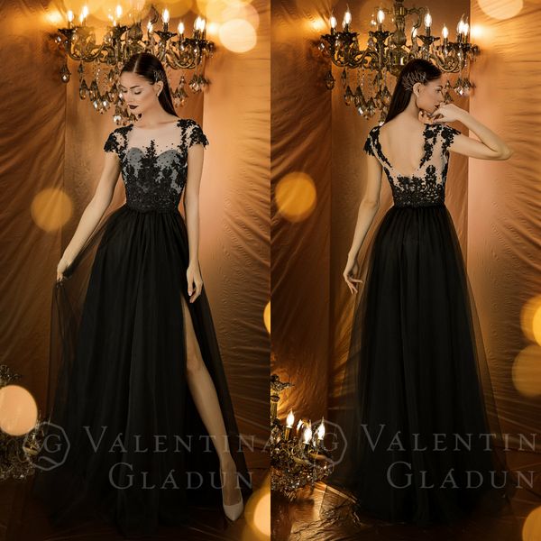 side split prom dresses with lace appliqued pearls jewel neck a line evening dress party wear custom made formal occasion gowns, Black
side split prom dresses with lace appliqued pearls jewel neck a line evening dress party wear custom made formal occasion gowns, Black