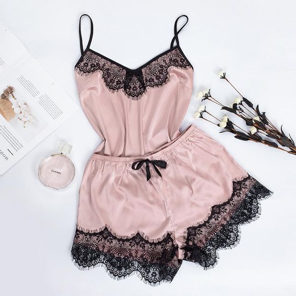 new pink sleepwear summer pajamas for women v neck lace satin silk and shorts spaghetti strap pajama set, Black;red
new pink sleepwear summer pajamas for women v neck lace satin silk and shorts spaghetti strap pajama set, Black;red