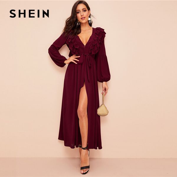 

shein plunging neck layered ruffle trim belted abaya dress maroon solid glamorous deep v neck women dresses, Black;gray