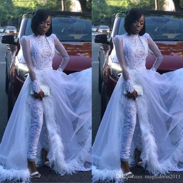 white mermaid prom dresses long 2019 high neck long sleeves sparkling crystal lace formal dresses feather evening gowns detachable train, Black
white mermaid prom dresses long 2019 high neck long sleeves sparkling crystal lace formal dresses feather evening gowns detachable train, Black