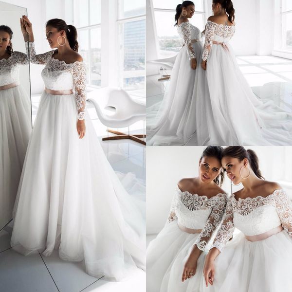 2019 elegant plus size wedding dresses off the shoulder lace appliqued sash long sleeve wedding dress a line sweep train boho bridal gowns, White
2019 elegant plus size wedding dresses off the shoulder lace appliqued sash long sleeve wedding dress a line sweep train boho bridal gowns, White