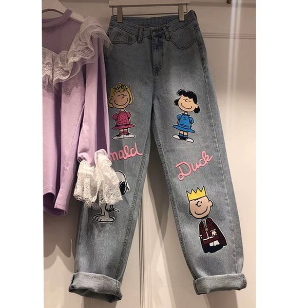 jeans woman spring autumn new women's hem cartoon printing high waist straight casual jeans student, Blue
jeans woman spring autumn new women's hem cartoon printing high waist straight casual jeans student, Blue
