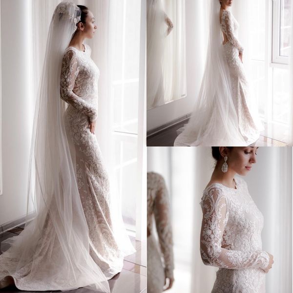 2020 modest jewel long sleeve hollow mermaid wedding dresses lace applique beads wedding gowns sweep train robe de mariée, White
2020 modest jewel long sleeve hollow mermaid wedding dresses lace applique beads wedding gowns sweep train robe de mariée, White