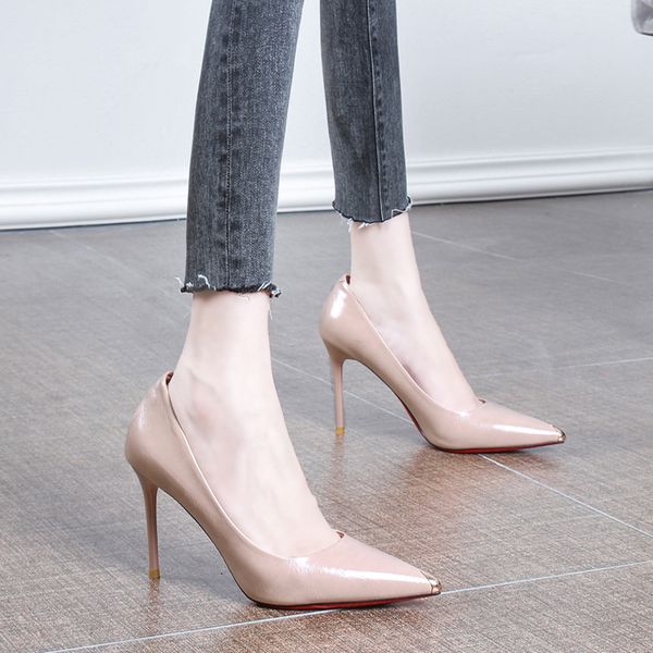 dress shoes fashion nude pointed high-heeled with thin heels black women's wedding leather