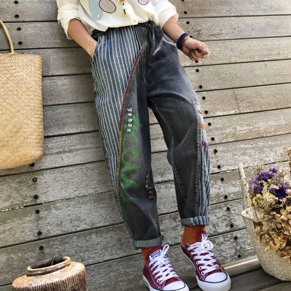 autumn jeans women retro loose casual denim pants elastic waist print spliced hole pocket female blended streetwear streetwear, Blue
autumn jeans women retro loose casual denim pants elastic waist print spliced hole pocket female blended streetwear streetwear, Blue