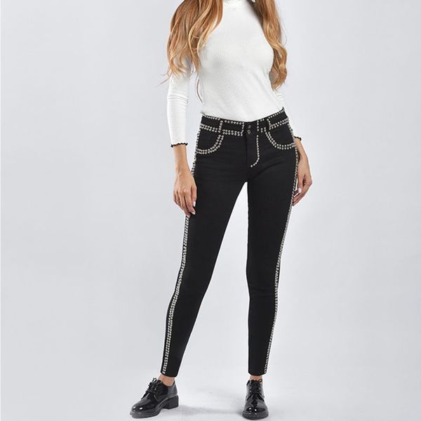 new all pure black slim denim pants new heavy industry full bead rivet original pencil contrast color jeans selling, Blue 
new all pure black slim denim pants new heavy industry full bead rivet original pencil contrast color jeans selling, Blue