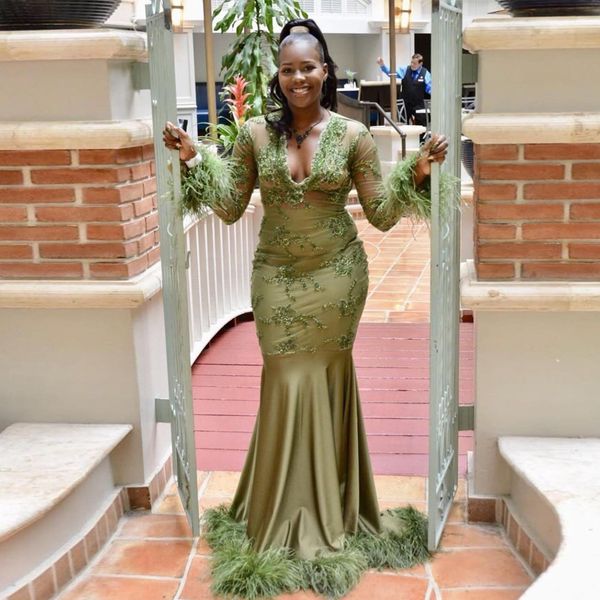 olive feather mermaid prom dresses v neck sequined long sleeves evening gowns plus size sweep train satin appliqued formal dress, Black
olive feather mermaid prom dresses v neck sequined long sleeves evening gowns plus size sweep train satin appliqued formal dress, Black