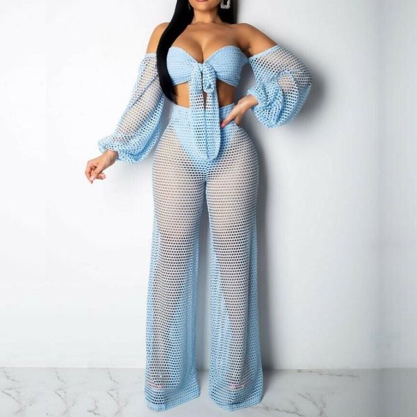 women crochet mesh outfits 2pcs set off-shoulder long sleeves crop loose long pants beach sheer bikini cover up suit, White
women crochet mesh outfits 2pcs set off-shoulder long sleeves crop loose long pants beach sheer bikini cover up suit, White