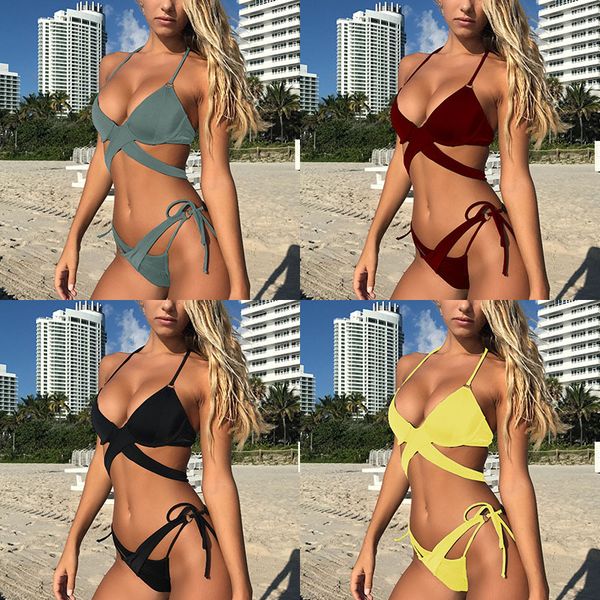 new designed style solid color cross bikini bandage split swimsuit summer low waist women's swimwear
new designed style solid color cross bikini bandage split swimsuit summer low waist women's swimwear