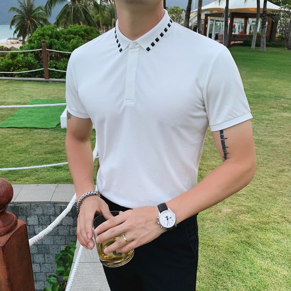 rivets decor turn down collar shirt men short sleeve summer slim fit casual polos for men clothes 2020 polos, White;black
rivets decor turn down collar shirt men short sleeve summer slim fit casual polos for men clothes 2020 polos, White;black