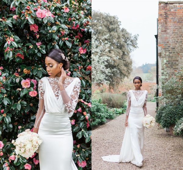 2019 elegant bohemian lace appliqued mermaid wedding dress bateau sheer long sleeves beach boho bridal gown custom made, White
2019 elegant bohemian lace appliqued mermaid wedding dress bateau sheer long sleeves beach boho bridal gown custom made, White