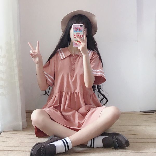 spring and summer new women's japanese soft sister cute girls navy collar loose short-sleeved students long dresses, Black;gray
spring and summer new women's japanese soft sister cute girls navy collar loose short-sleeved students long dresses, Black;gray