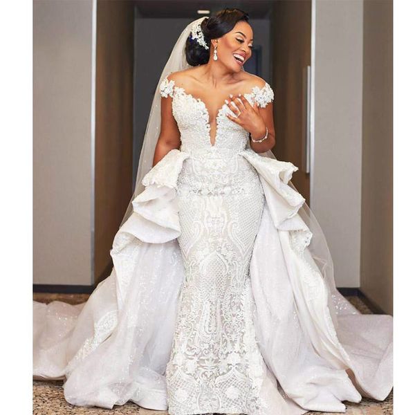 luxury mermaid wedding dresses with detachable train cap sleeve off shoulder castle africa wedding gown ruffles overksirt bridal dress, White
luxury mermaid wedding dresses with detachable train cap sleeve off shoulder castle africa wedding gown ruffles overksirt bridal dress, White