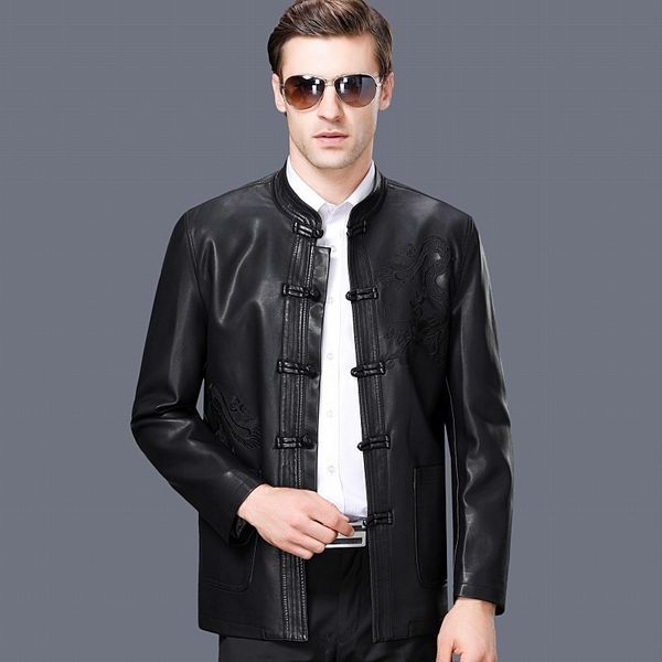spring male business leather jacket clothing men's suit collar single chinese button breasted medium-long leather coat tang suit, Black
spring male business leather jacket clothing men's suit collar single chinese button breasted medium-long leather coat tang suit, Black