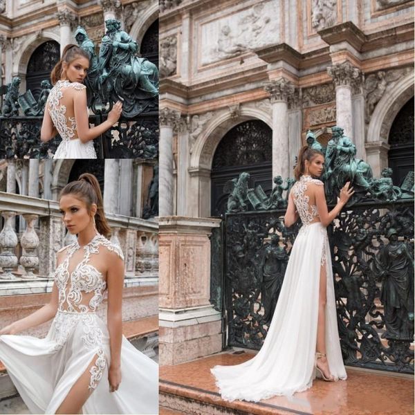 2019 simple design summer bohemian chiffon lace wedding dresses high neck sheer see through applique high split beach bridal gowns, White
2019 simple design summer bohemian chiffon lace wedding dresses high neck sheer see through applique high split beach bridal gowns, White