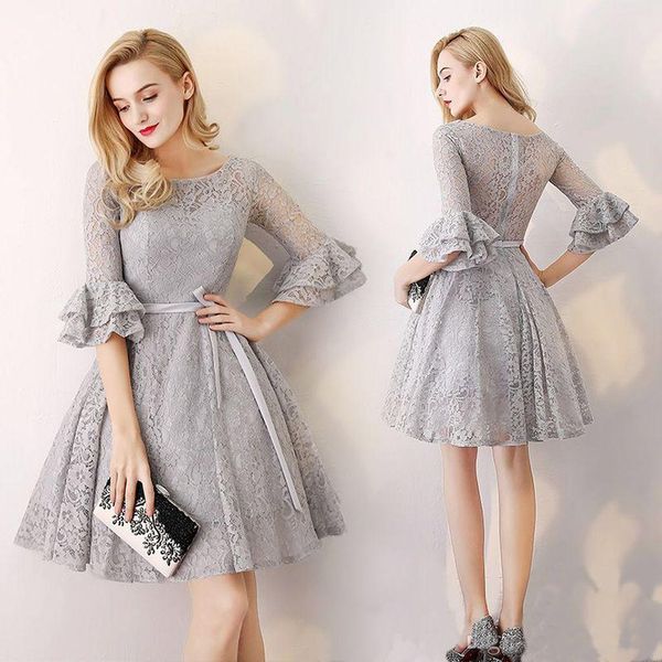 silver gray lace short bridesmaid dresses flare 1/2 long sleeves bow sash knee length wedding guest maid of honor dresses bd9052, White;pink
silver gray lace short bridesmaid dresses flare 1/2 long sleeves bow sash knee length wedding guest maid of honor dresses bd9052, White;pink