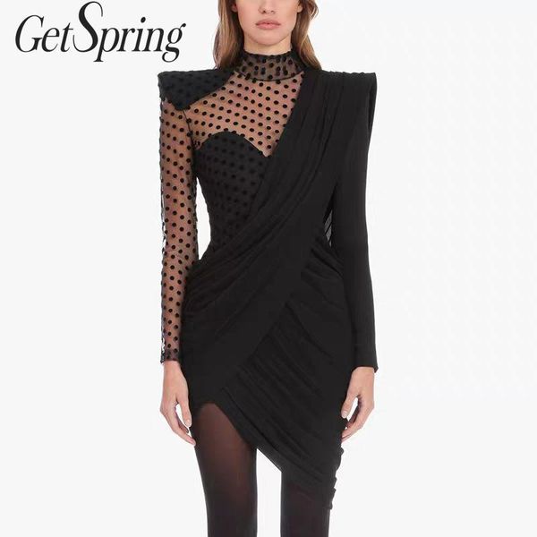 getspring women dress stand collar long sleeve black dresses dot mesh stitching pleated wrap dress irregular mini dresses, Black;gray
getspring women dress stand collar long sleeve black dresses dot mesh stitching pleated wrap dress irregular mini dresses, Black;gray