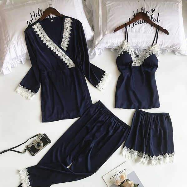 flower trim women 4 pcs sleep set spring autumn satin pajamas pijama suit solid nightwear v-neck casual home clothes, Blue;gray
flower trim women 4 pcs sleep set spring autumn satin pajamas pijama suit solid nightwear v-neck casual home clothes, Blue;gray
