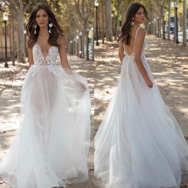 berta lace backless beach wedding dresses deep v neck a line bridal gowns tulle sweep train robe de mariée, White
berta lace backless beach wedding dresses deep v neck a line bridal gowns tulle sweep train robe de mariée, White