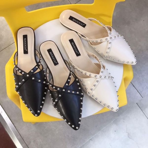new style comfortable cross rivet low heel sandals pointed flat slipper women's shoes, Black
new style comfortable cross rivet low heel sandals pointed flat slipper women's shoes, Black