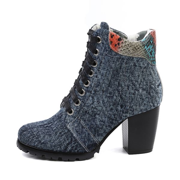 british style high-heeled short boots canvas lace up ladies shoes denim washing snakeskin rough heel winter ankle boots female, Black
british style high-heeled short boots canvas lace up ladies shoes denim washing snakeskin rough heel winter ankle boots female, Black