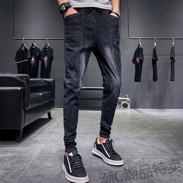 men's jeans fashion 2021 hong kong style autumn elastic waist beam feet simple harem pants ankle length overalls, Blue
men's jeans fashion 2021 hong kong style autumn elastic waist beam feet simple harem pants ankle length overalls, Blue