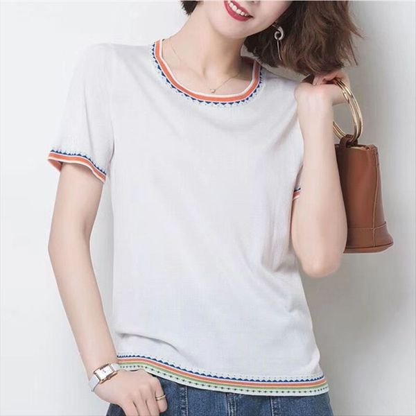 ice silk short-sleeved women's t-shirt 2020 round collar loose slim knitted all-match women's thin, White
ice silk short-sleeved women's t-shirt 2020 round collar loose slim knitted all-match women's thin, White
