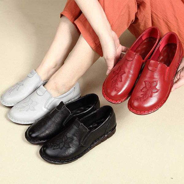 zimnafr 2020 women handmade gneuine leather flats shoes women soft bottom middle-aged casual mom casual flats shoes, Black