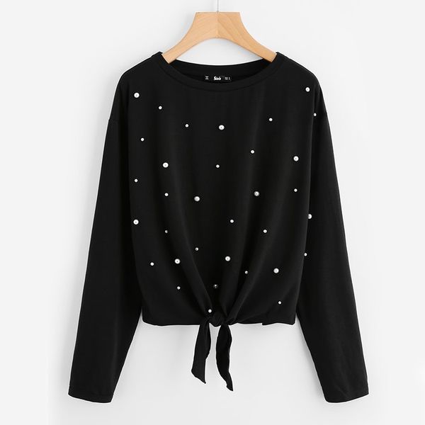 pearl beaded knot front cute tee shirt black casual t shirt for women long sleeve round neck women's clothing t-shirts, White
pearl beaded knot front cute tee shirt black casual t shirt for women long sleeve round neck women's clothing t-shirts, White