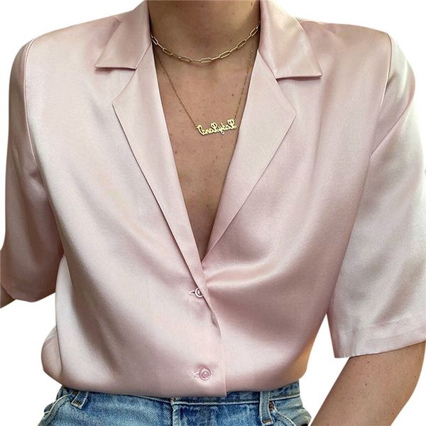 summer fashion women satin solid color suit shirt v neck short sleeve elegant silk shirts blouse, White
summer fashion women satin solid color suit shirt v neck short sleeve elegant silk shirts blouse, White