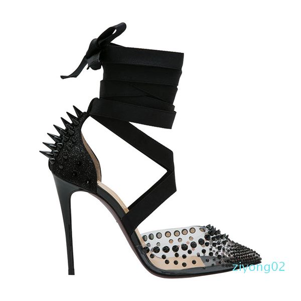red bottom high heels women pointed toe pvc rivets mechante reine ankle wrap around ribbons pump studded covered heel wedding party z02, Black
red bottom high heels women pointed toe pvc rivets mechante reine ankle wrap around ribbons pump studded covered heel wedding party z02, Black