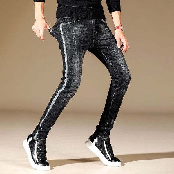 men's jeans fashion mens korean style ripped skinny fit stretch denim pants with side striped hip hop pencil jean trousers for male, Blue 
men's jeans fashion mens korean style ripped skinny fit stretch denim pants with side striped hip hop pencil jean trousers for male, Blue