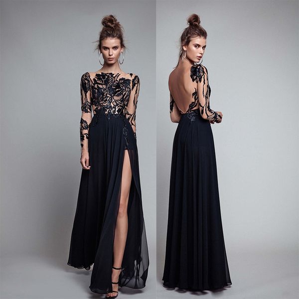modest black sheer long sleeves evening dresses berta lace bateau a line chiffon high-thigh split prom gowns backless ed1354, Black;red
modest black sheer long sleeves evening dresses berta lace bateau a line chiffon high-thigh split prom gowns backless ed1354, Black;red