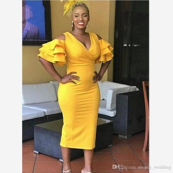 african simple yellow sheath cocktail dresses 2019 short sleeves deep v neck ruffles tea length evening party gowns prom dresses, Black
african simple yellow sheath cocktail dresses 2019 short sleeves deep v neck ruffles tea length evening party gowns prom dresses, Black