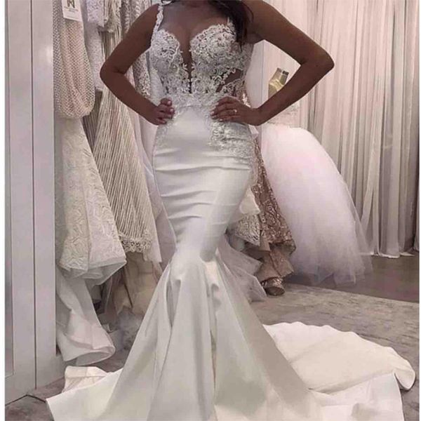 new arabic mermaid wedding dresses spaghetti straps lace appliques beads illusion wedding guest dress plus size custom formal bridal gowns, White
new arabic mermaid wedding dresses spaghetti straps lace appliques beads illusion wedding guest dress plus size custom formal bridal gowns, White