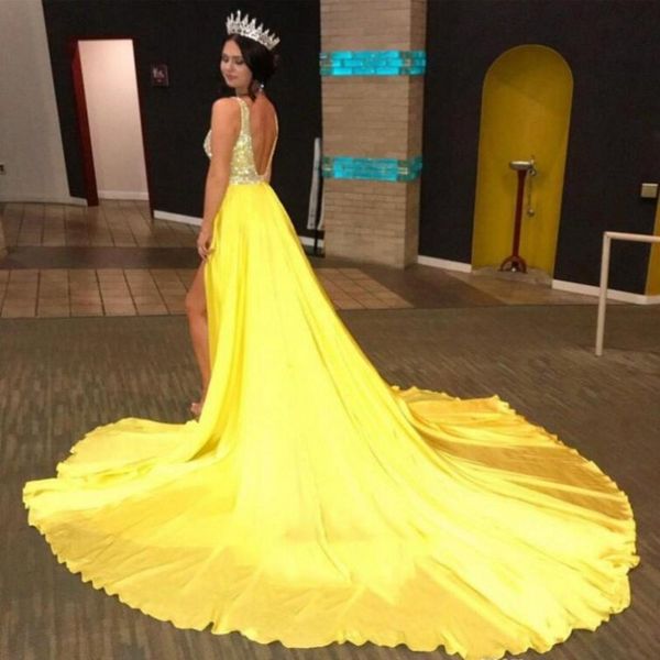 charming yellow prom dresses v neck sequins fashion cocktail party gowns backless side split chiffon sweep train evening dresses, Black
charming yellow prom dresses v neck sequins fashion cocktail party gowns backless side split chiffon sweep train evening dresses, Black