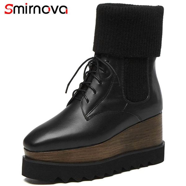 smirnova new 2018 fashion wedges genuine leather+stretch fabric boots lace up mid calf boots for women square toe winter, Black
smirnova new 2018 fashion wedges genuine leather+stretch fabric boots lace up mid calf boots for women square toe winter, Black