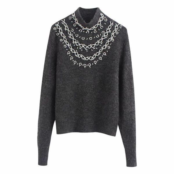 women's new fall 2019 long sleeve mock neck rib trim layer short knitwear with contrast stitching beading sweater09598174802, White;black
women's new fall 2019 long sleeve mock neck rib trim layer short knitwear with contrast stitching beading sweater09598174802, White;black